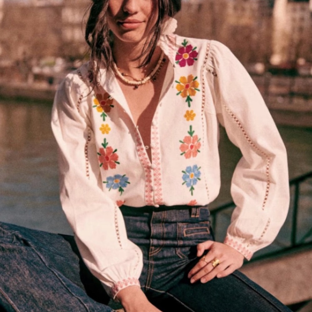 Sezane White Blouse with Colorful Floral Embroidery